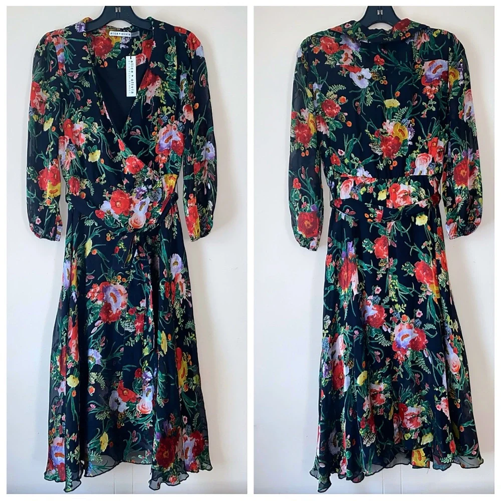 Alice + Olivia Abney Floral Black Red Collared Midi Dress - Picture 9 of 16